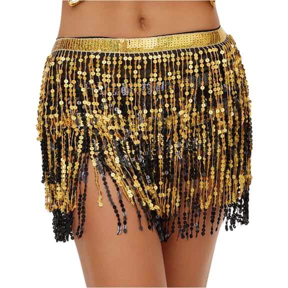 LWavelet Sequin Fringe Ombre Mini Skirt Women Glitzy Party Night Out Trendy Sparkly Bottoms Gold One Size