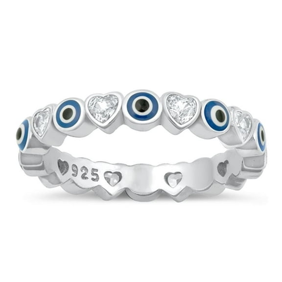 White Cubic Zirconia Heart & Evil Eye Ring .925 Sterling Silver Band Jewelry Female Male Size 7
