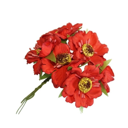 Silk Cherry Blossom Branches 6Pcs/Bunch 3.5cm Mini Silk Cherry Artificial Poppy Bouquet DIY Handmade Wreath Scrapbook Wedding Decoration Craft Fake Flower ()