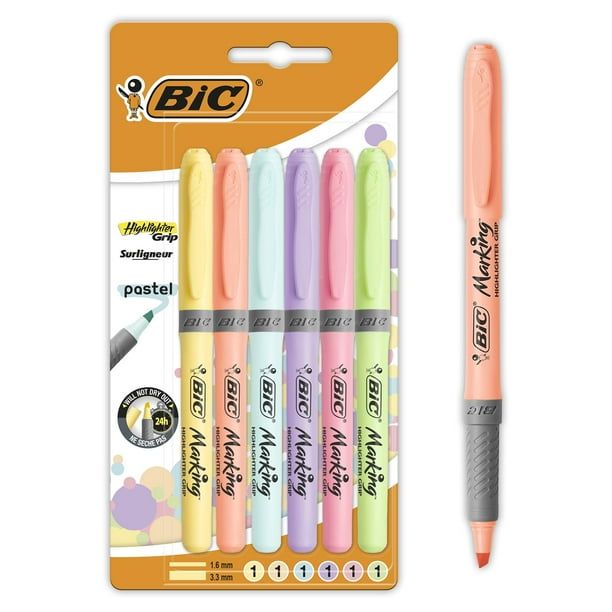 Iluminador BIC Grip Pastel con punta cincelada ajustable, paquete de 6