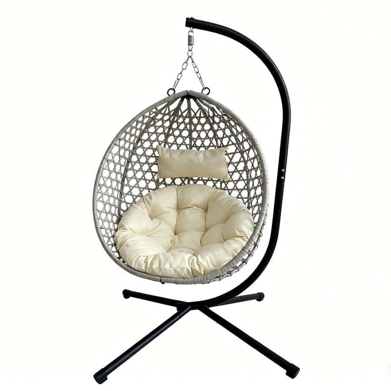 350lbs Capacity Foldable Hanging Chair with Stand, HDPE Rattan Accent Swing Egg Chair with Cushions for Indoor/Outdoor