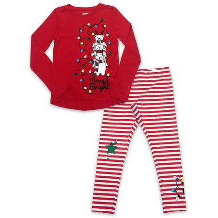 Holiday Christmas Long Sleeve High-Low Tee & Holiday Print Leggings, 2-Piece Outfit Set (Little Girls, Big Girls & Girls' Plus)