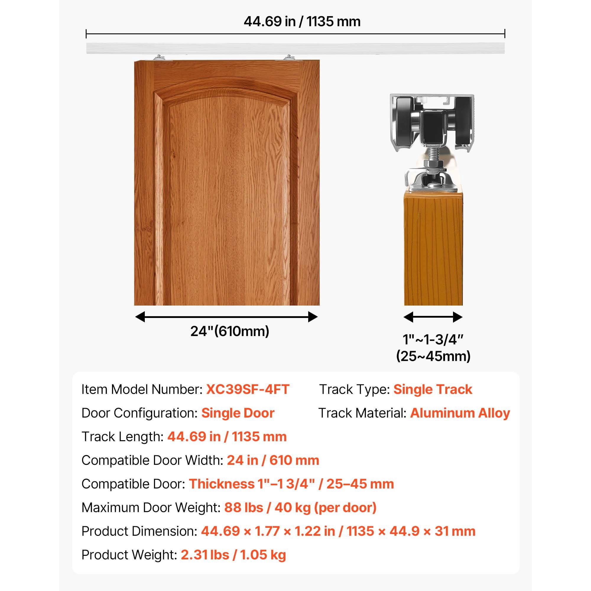Pocket Door Track Kit 44.69 Inch for 24 Inch Wide Doors Soft-Close Aluminum Alloy with Floor Guide for Bedroom Closet