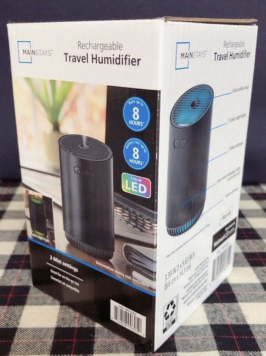 Mainstays Brand Rechargeable Cool Mist Travel Humidifier 320 ml with 7-color LED Lights, MHD-02BLK, Black Color , Home,Car, Office Humidifier