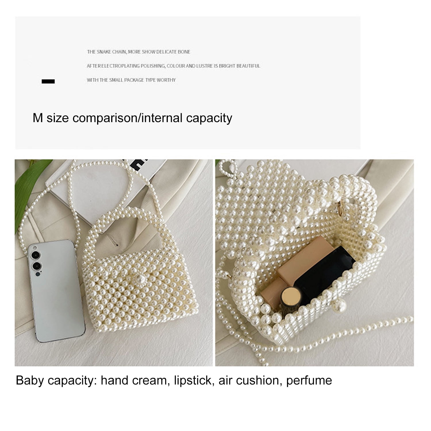 Frgharo Beaded Handbag for Women White Pearl Decoration Evening Bags with Detachable Chain Inner Bag &M Size