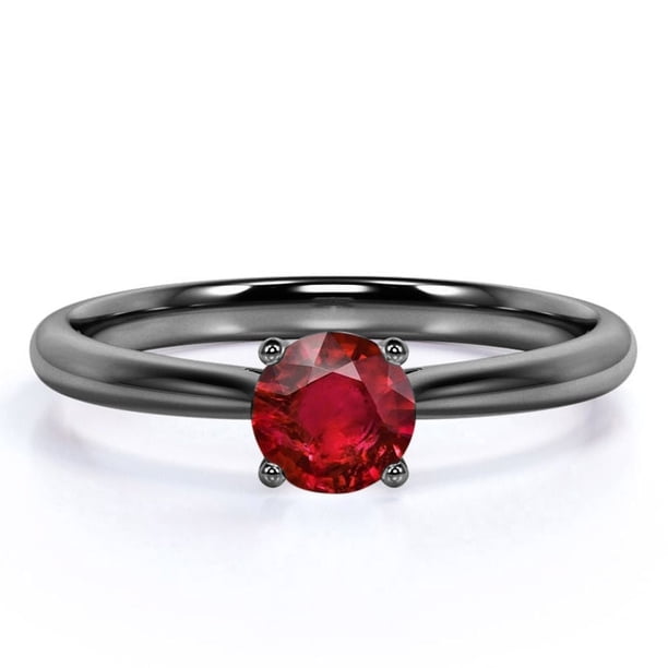 JeenMata Anillo de Compromiso con Rubí Sintético Gótico de Talla Redonda de 1 Quilate en Oro Negro de 18 K sobre Plata