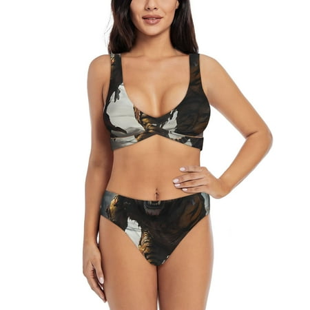 Zeuib Ruins Tiger Warrior High Waisted Tummy Control Bikini Set - Knot Front Push Up Top & Cheeky Thong Bottom  Two-Piece Swimsuit for Women-XX-Large