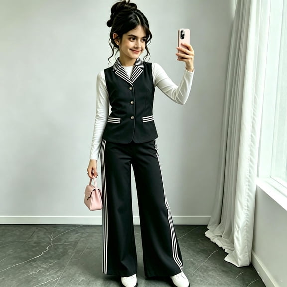 Angala 2 Piece Outfits For Girls V-Neck Sleeveless Vest With Wide Leg Trousers Set Girls Fall Season Wear Clothes