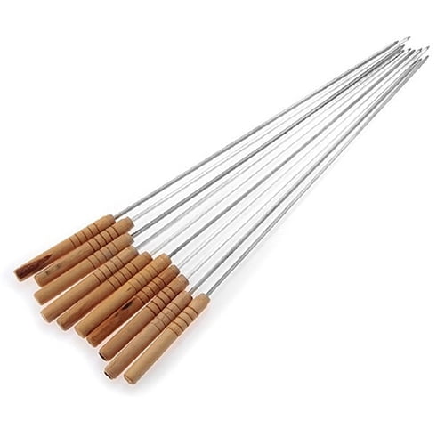 12Pcs BBQ Steel Metal Barbecue Skewer Grill Kebab Needles Stick Wooden Handle SZ 