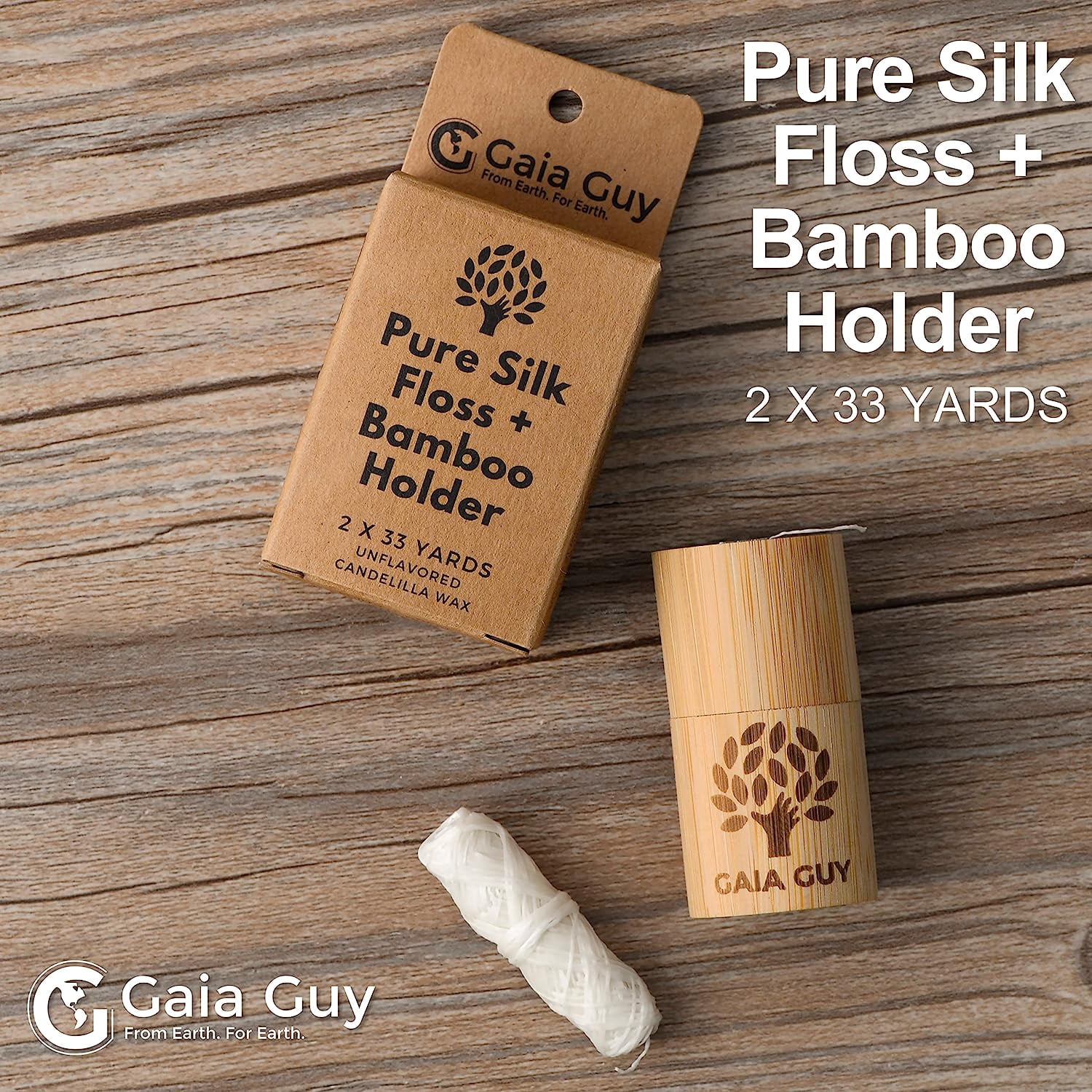 Natural Unflavored Silk Dental Floss with Floss Refill & Reusable Bamboo Holder | 2 x 33yds Compostable Pure Silk Waxed with Candelilla Wax | Plastic-Free Packaging