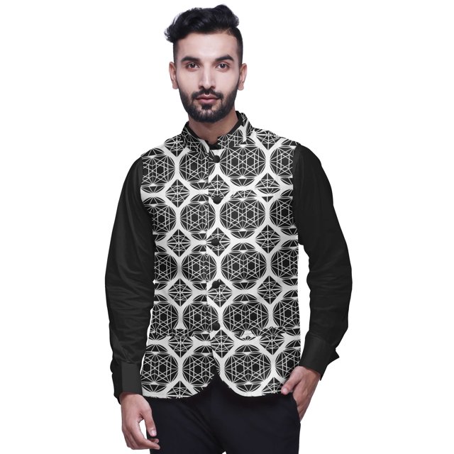 Atasi Geometric Printed Wedding Jackets For Men Nehru Jacket Waist Coat For Festive Season-Small