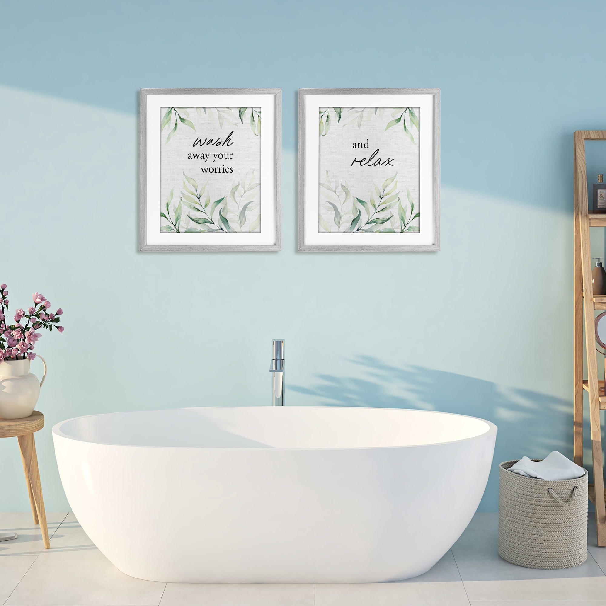 Soothing Bathroom Greenery Words 2 Piece Gray Framed Print Under Glass Set, design by Lettered and Lined