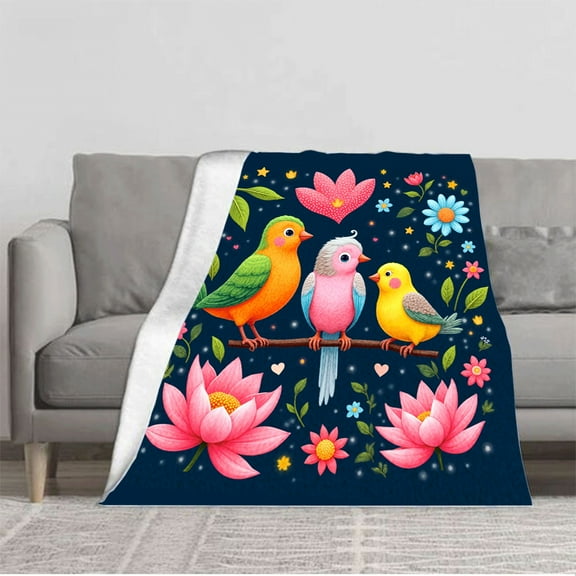 Vibrant Whimsical Flannel Blanket - Colorful Birds & Flowers Design Soft Cozy Throw for Sofa Travel Bed & Chair