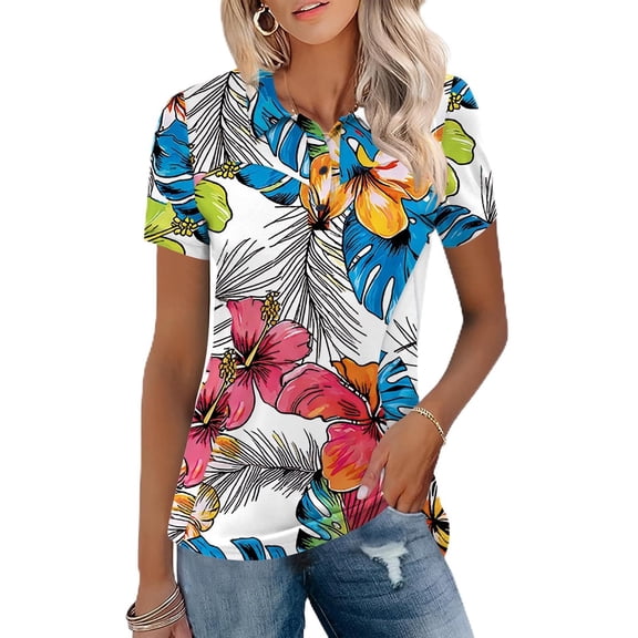 Trendfront Womens Athletic Polo Shirts Short Sleeves Button Up Tropical Hibiscus Floral Patterned Top Summer Palm Leaves Resort Wear Golfers Activewear Shirt