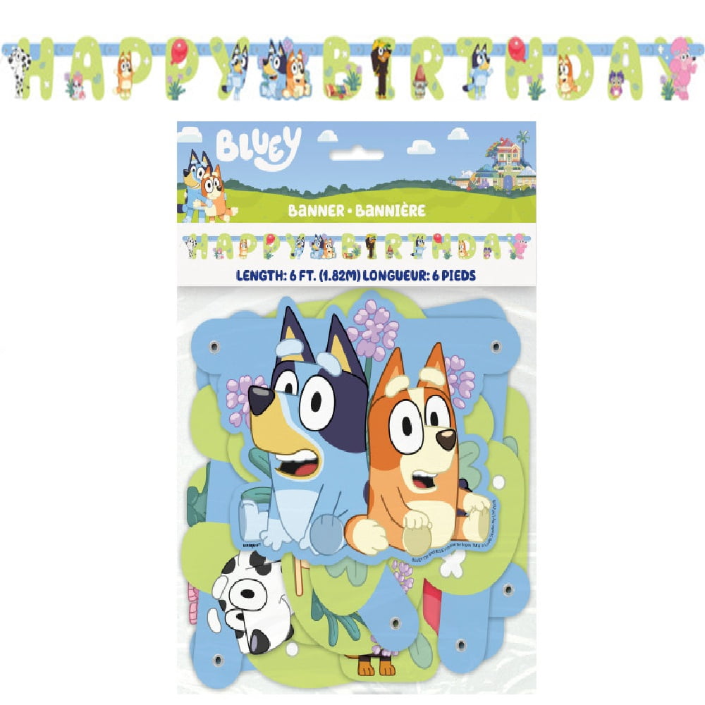 Bluey Birthday Party Bundle Pack includes 16 Lunch Plates, 16 Napkins, 16 Cups, 1 Tablecover, 1 Jointed Banner, 1 Dino Sticker