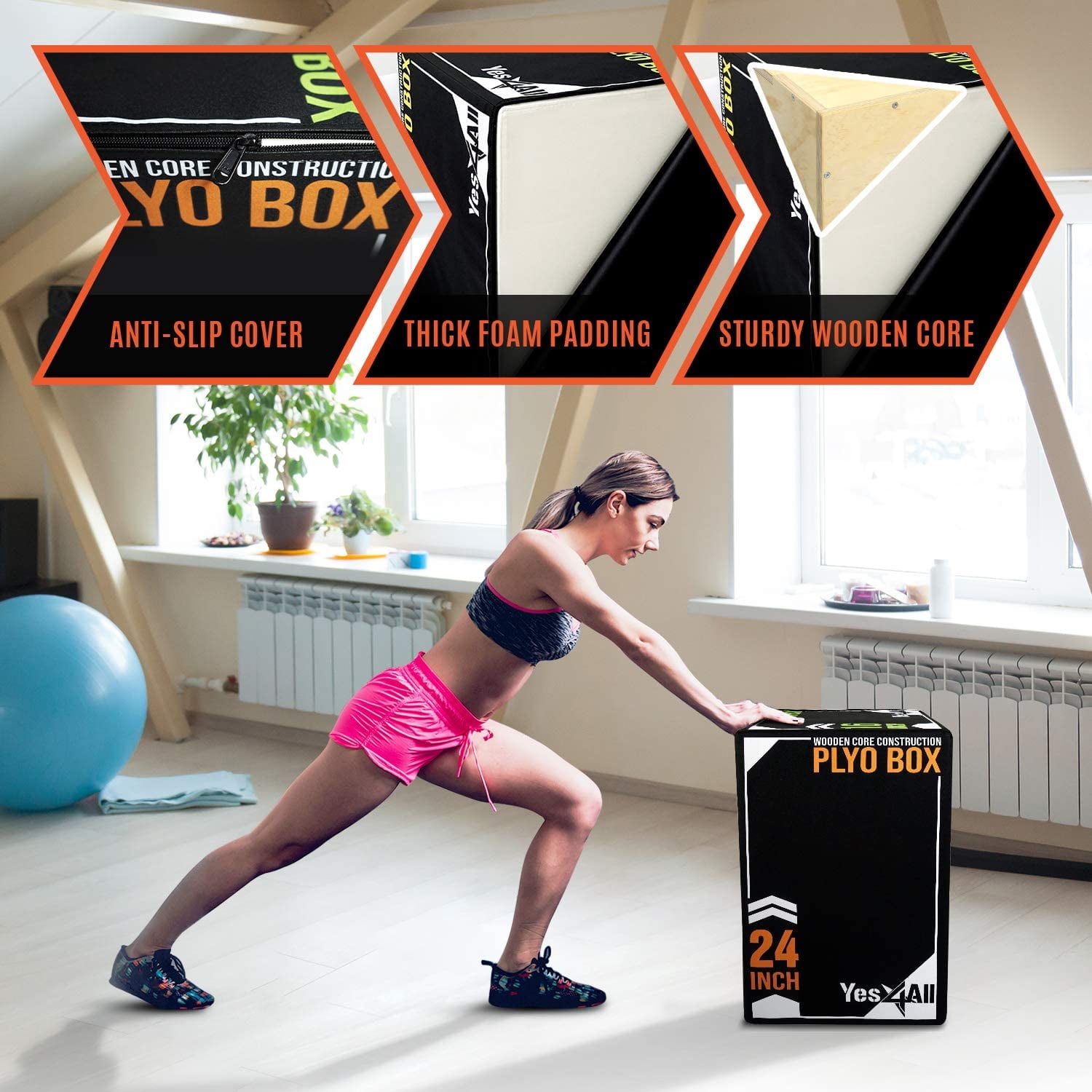 Yes4All 3-in-1 24"x20"x16" Soft Plyo Box Wooden Core, Foam for Jumping Exercise, Crossfit, Black