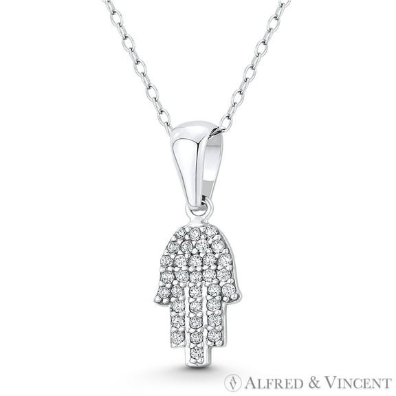 Hamsa Hand Evil Eye Charm CZ Crystal Pave Pendant & Chain Necklace in .925 Sterling Silver w/ Rhodium