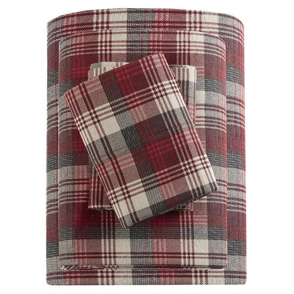 Pemberly Row Farmhouse 100 Percent Cotton Flannel Sheet Set in Red Plaid
