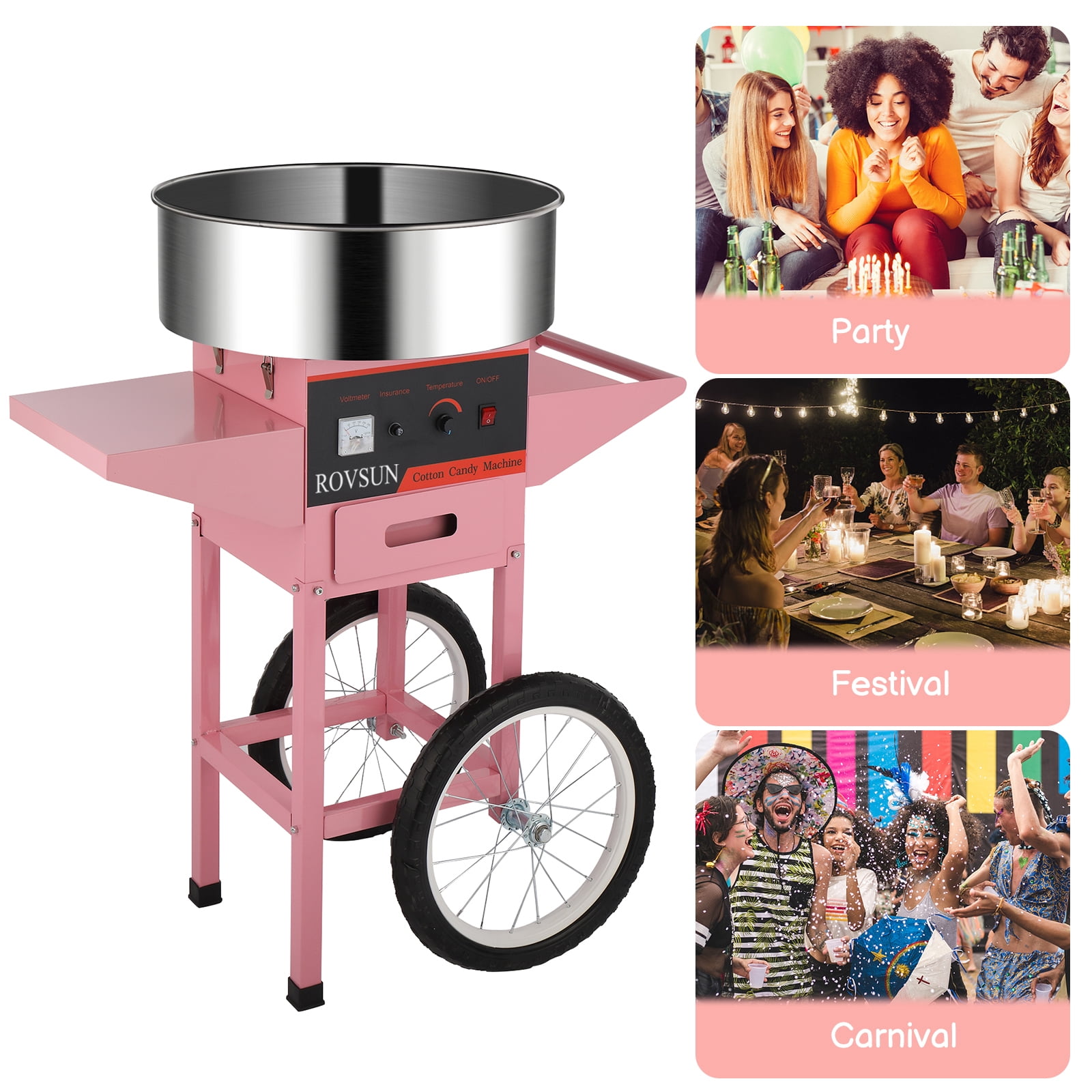 ROVSUN Cotton Candy Machine with Cart Stainless Steel, 21 Inch Electric Cotton Candy Maker Candy Floss Maker w/Sugar Scoop and Large Storage Drawer for Commercial Home Party Carnival, Pink