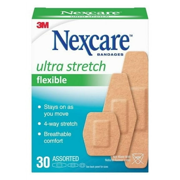 Nexcare Ultra Stretch Flexible Fabric Adhesive Bandages, Assorted Sizes, 30 Count, Breathable, Long-Lasting Hold, Latex-Free, for First Aid and Everyday Wound Care