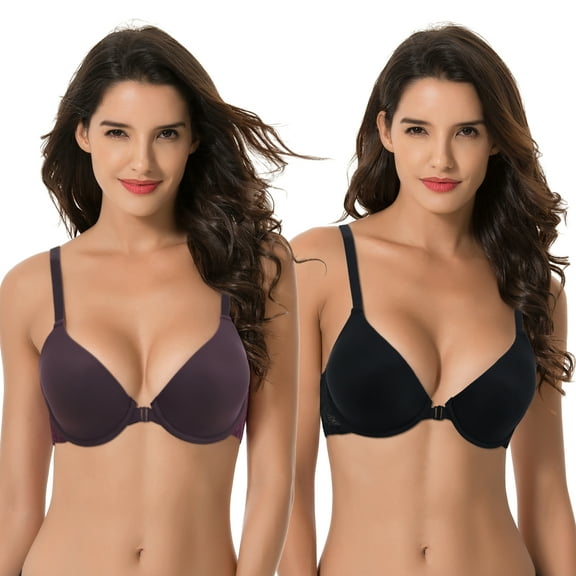 Curve Muse Women's Plus Size Full Coverage Underwire Front Close Bras-2PK-BLACK,PLUM-34B