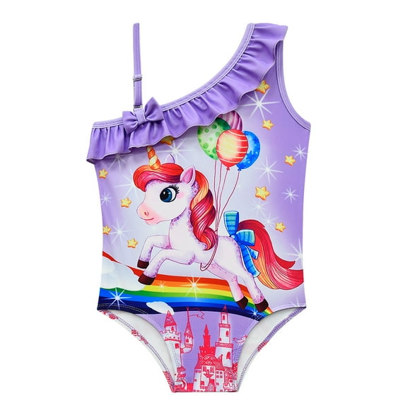 Maillot de Bain pour Enfants de Printemps et d'Été Unicorn Unicorn Imprimé Dessin Animé Fille une-Pièce à Bretelles Obliques 20159 20159 Violet