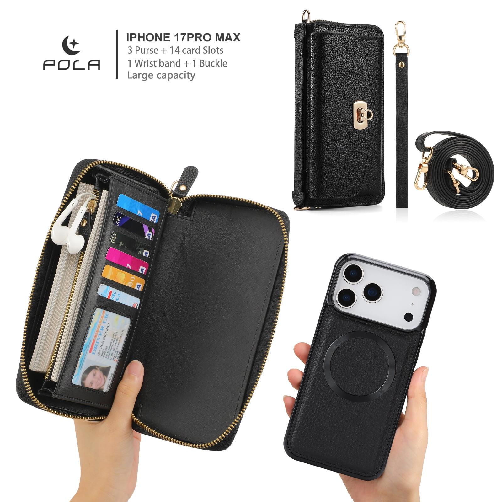 Dteck Crossbody Wallet Case for iPhone 17 Pro Max, Magnetic Detachable Floral PU Leather Phone Case with RFID Blocking Card Holder Wristlet Mirror Flip Zipper Shoulder Purse Bag for Women, Black