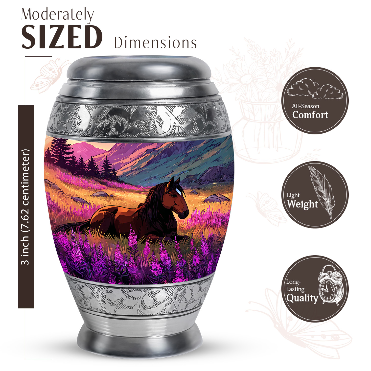 JAGASY Horse Small Urn for Ashes Adult Male, Dark Blue Keepsake Urns for Human Ashes, Purple Flowers Decorative Urns for Mother, Mountain Mini Cremation Urn for Father, (3 Inch)