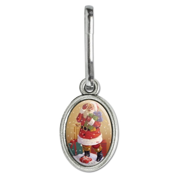 Christmas Holiday Santa Delivering Presents Holly Antiqued Oval Charm Clothes Purse Suitcase Backpack Zipper Pull Aid