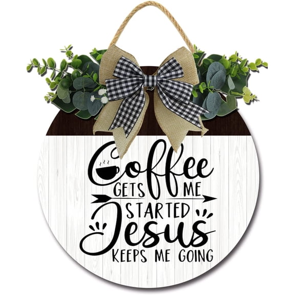 Eveokoki 12" Coffee Gets Me Started Jesus Keeps Me Going Coffee Bar Decor Sign Rustic Farmhouse Wooden Round Retro Coffee Bar Decor Coffee Lover Coffee Station Decor Home Office Kitchen Wall Decor