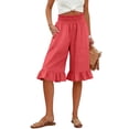 thumbnail image 2 of Cotton Linen Pants Women Summer Casual Pull on Wide Leg Drawstring Elastic Waist Petite Ruffle Hem Capri Pants with Pockets Watermelon Red 2XL, 2 of 6