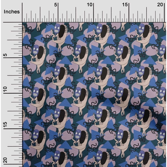 oneOone Silk Tabby Teal Blue Fabric Dot|Triangle & Monster Cartoon Sewing Material Print Fabric By The Yard 42 Inch Wide