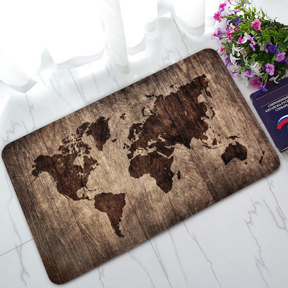 BSDHOME Tapis d'Entrée Carte de la Terre, Tapis d'Entrée Motif Carte du Monde sur Bois pour Extérieur/intérieur Tapis de Sol pour la Maison Tapis Taille 30x18 Pouces