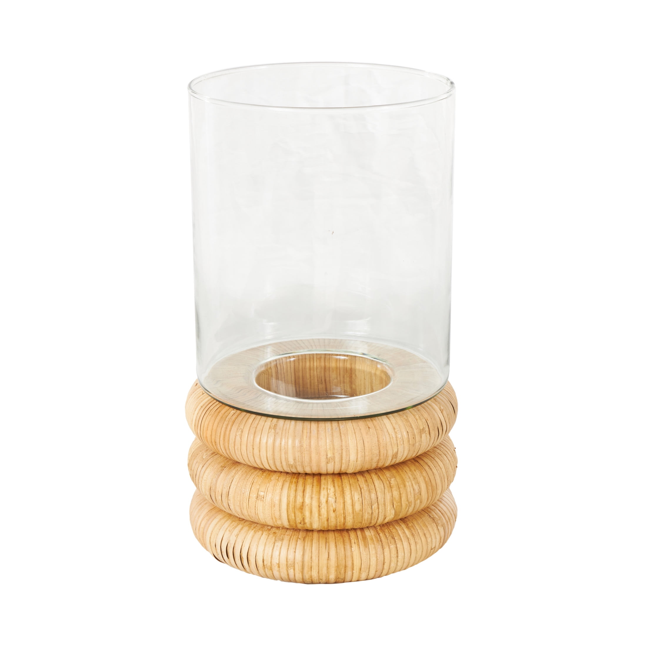 DecMode Glass Round Hurricane Lamp with Light Brown Woven Base
