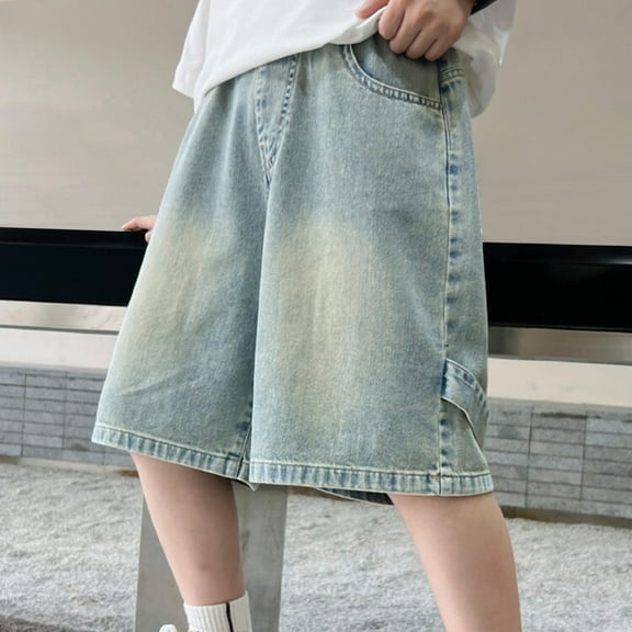 XIMIN Unisex Jorts Women Mid Rise Loose Fit Vintage Wide Leg Personalized Design Denim Shorts Wide Leg Baggy Jeans Men Casual Streetwear Y2k (4-5 Years, Light Blue)