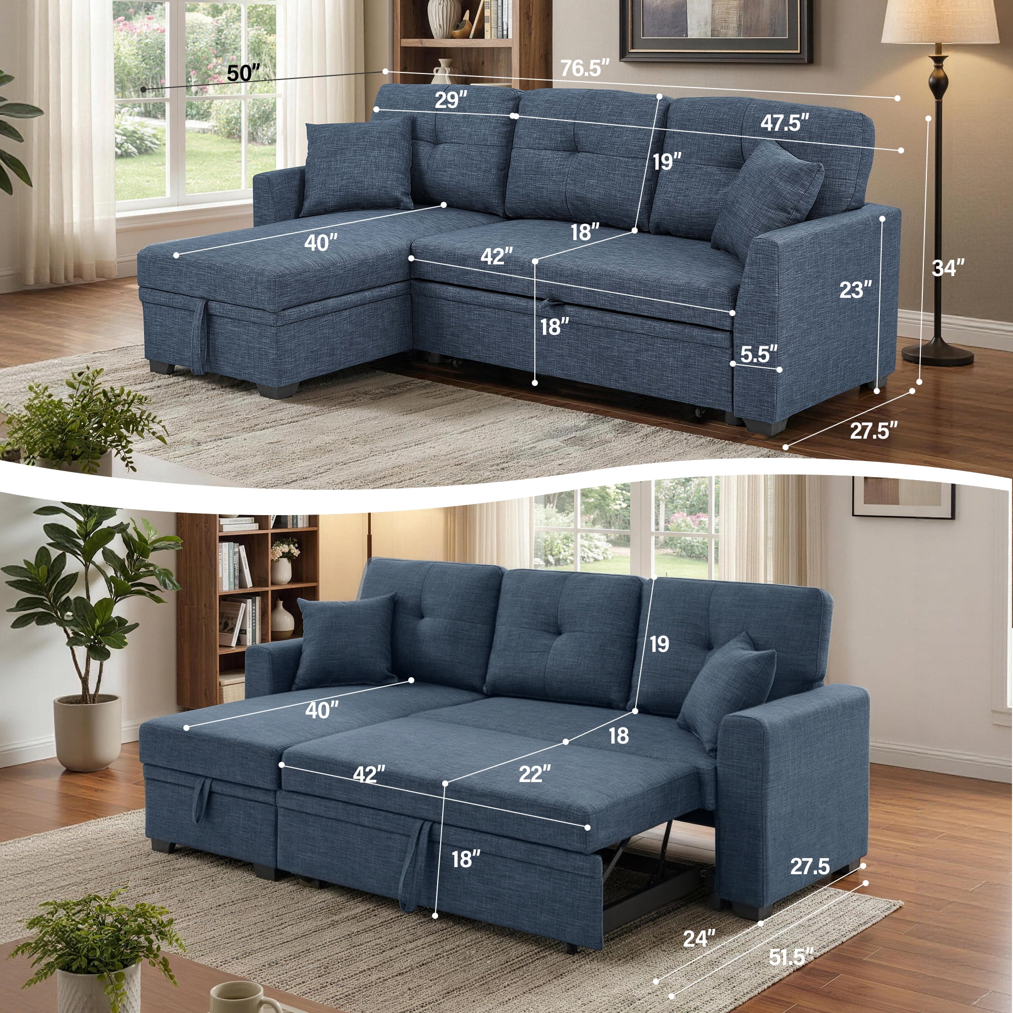 AENKYO Convertible L-Shaped Sectional Sofa Sleeper with Pull-Out Bed and Storage Chaise, Linen Upholstered Couch for Living Room，Blue