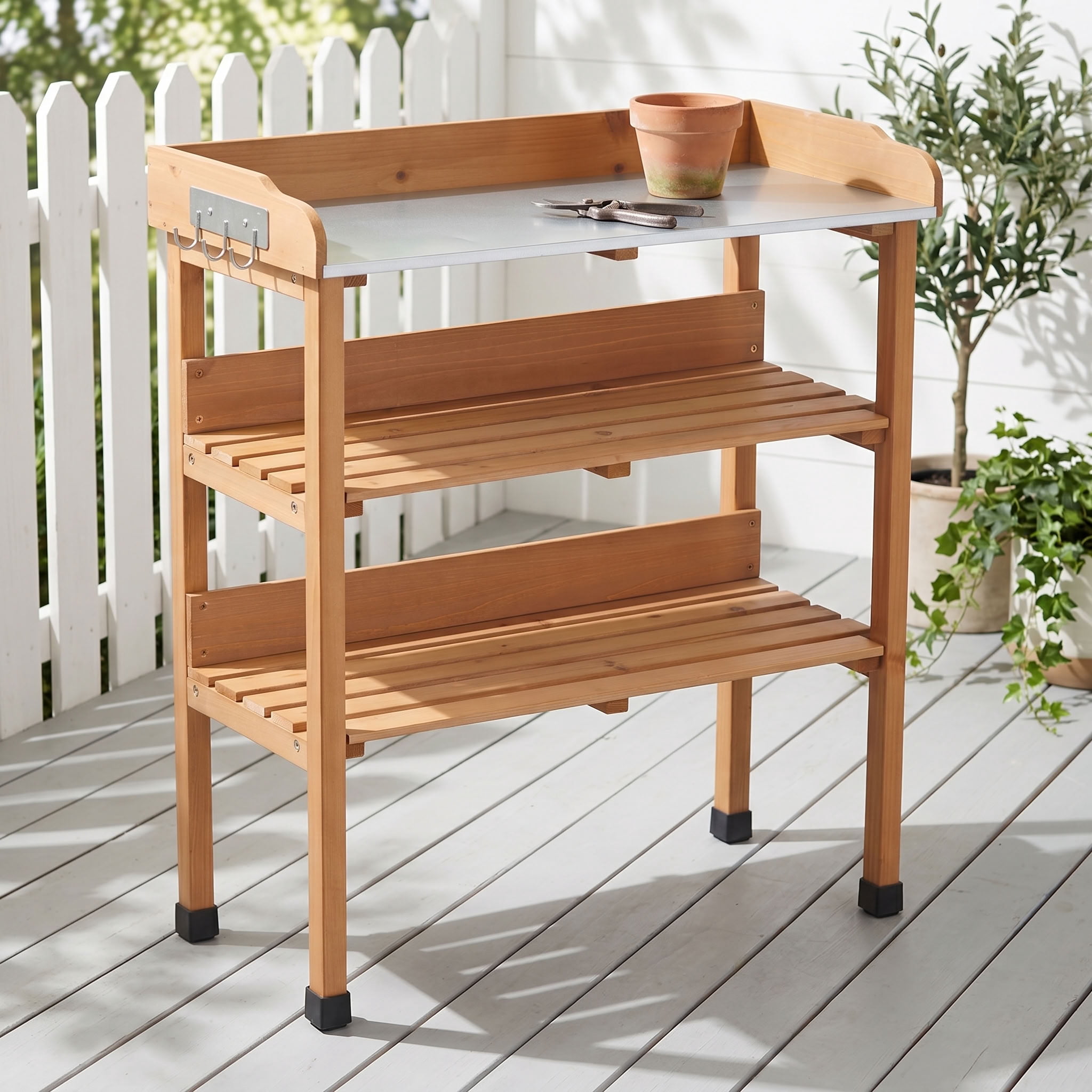 MAYEERTY 3-Tier Garden Potting Table, Outdoor Workstation with Metal Tabletop, Built-In Hooks for Patio, Garage, Workshop