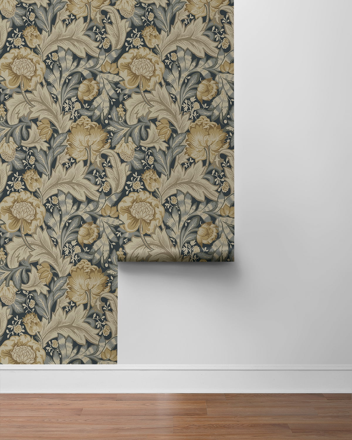 NextWall Midnight Blue & Neutral Acanthus Garden Floral Peel and Stick Wallpaper - 20.9 in. W x 18 ft. L Roll