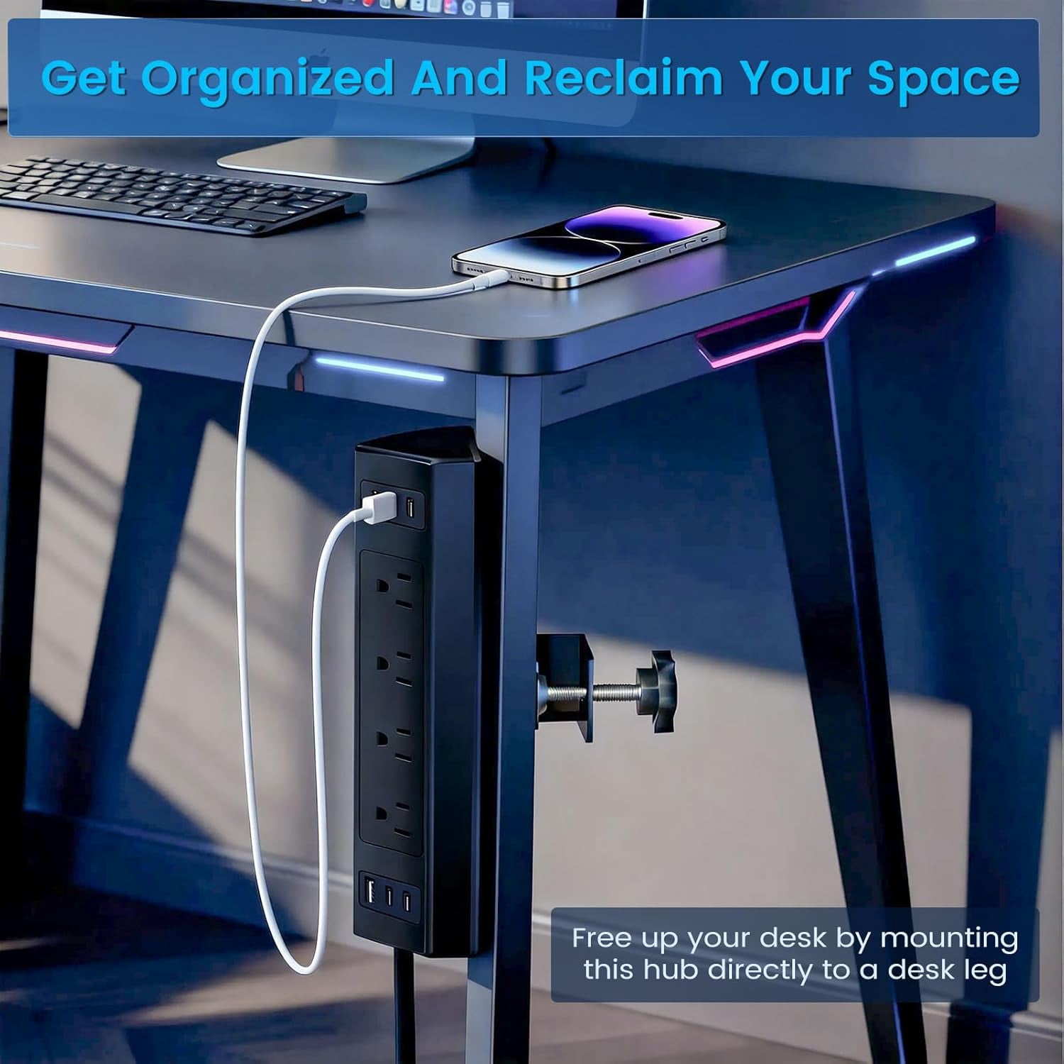 ZHANGONG Desk Clamp Power Strip with 4 AC Outlets & 6 USB Ports (4 USB-C), 2000J Surge Protector, 1875W, 6.5FT Flat Plug for Home Office Desk