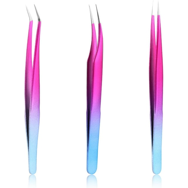 Lash Tweezers Set, 3Pcs Stainless Steel Lash Extension Tweezers 3 Styles Straight and Curved Eyelash Tweezers for Removing Eyebrows False Lashes Smeared False Nails (Red-Blue Gradient)
