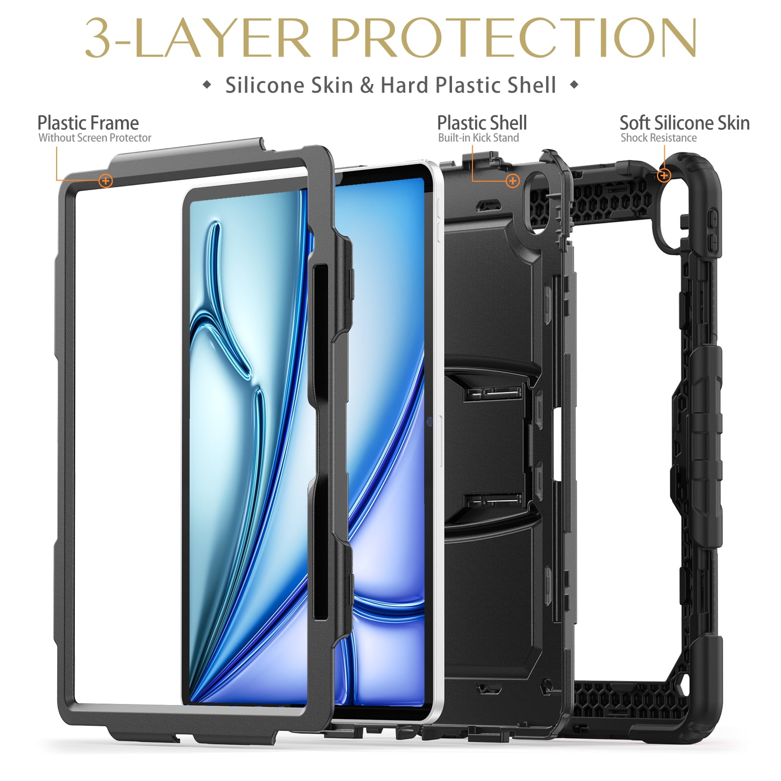 Rugged Case For iPad Pro 13 2024 – 3-Layer Protection Shockproof Stand Cover with Screen Protector, Adjustable Stand, Shoulder Strap, & Pencil Holder -- Black