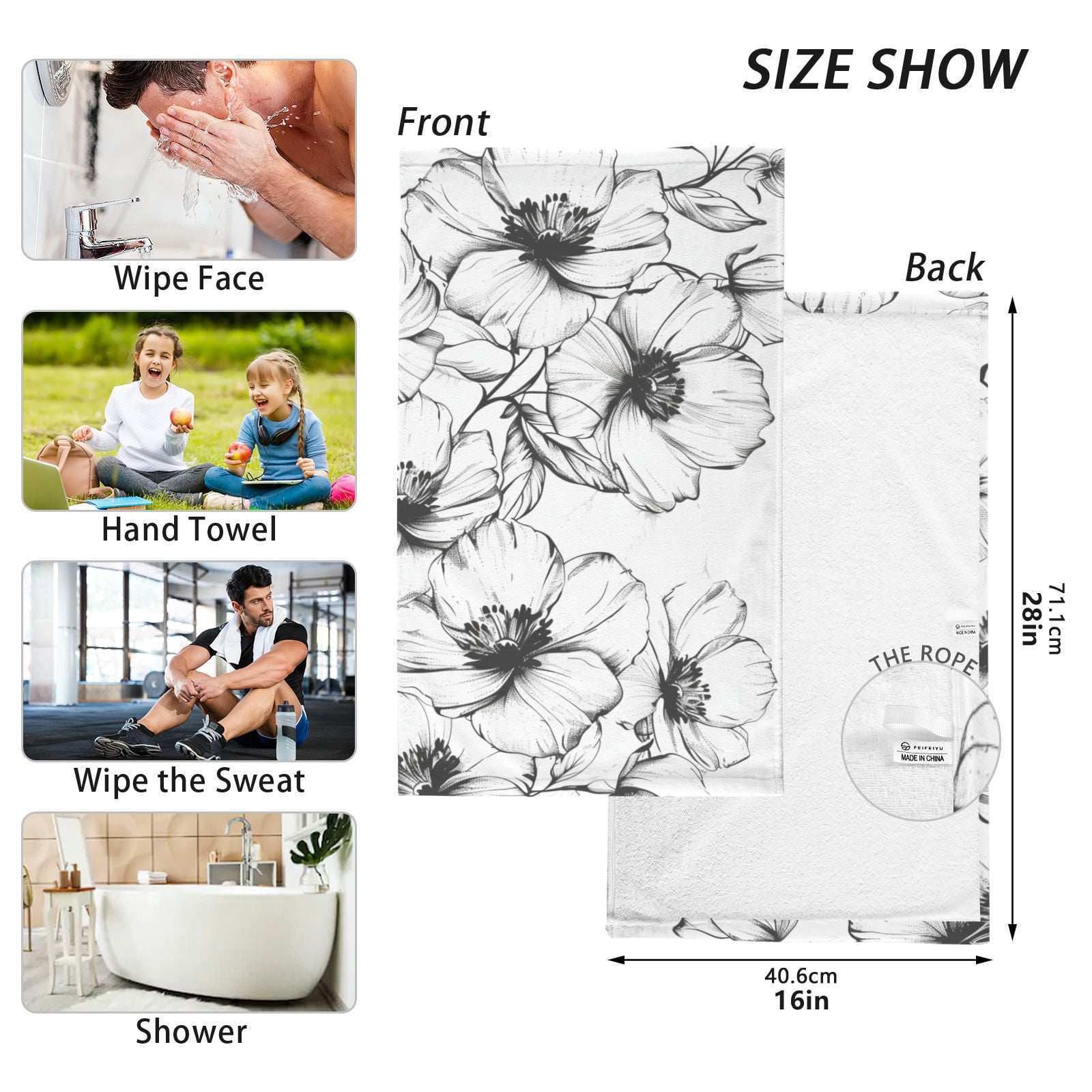 Flowers Pattern Hand Towels Cotton Bath Towels Large Face Towels Absorbent for Bathroom 2 Packs