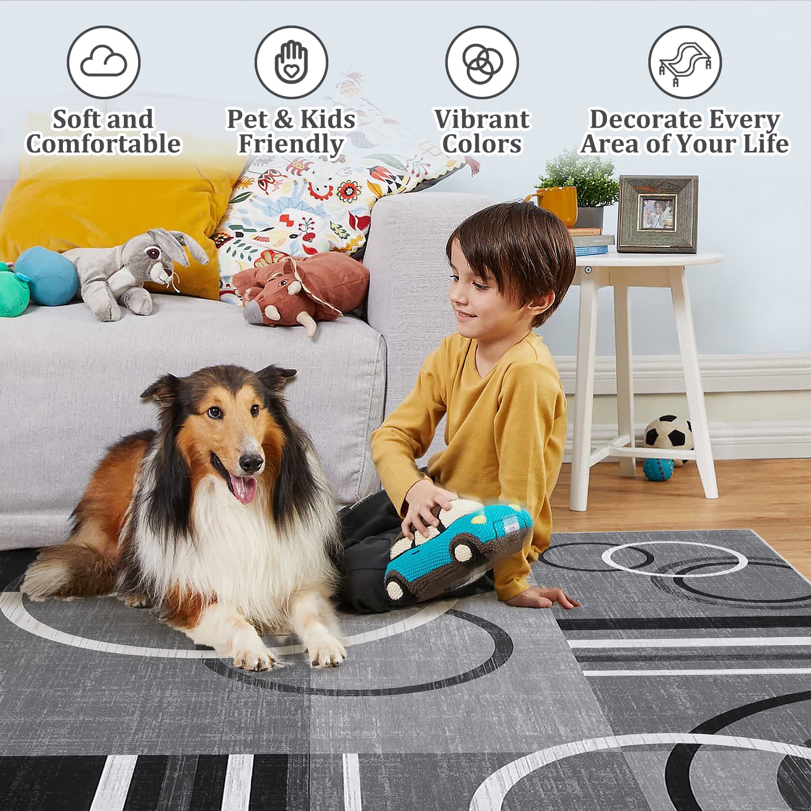 FairOnly 10'x13' Grey Living Room Machine Washable Area Rugs Contemporary Circle Print Ultra-Thin Rugs for Home Office Family Room Carpet