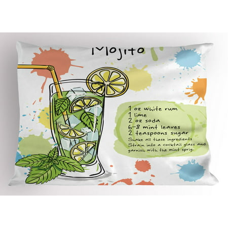 Alcohol Pillow Sham, Mojito Image with Cocktail Recipe Ingredients on Splashed Watercolor Background, Decorative Standard Size Printed Pillowcase, 26 X 20 Inches, Multicolor, by