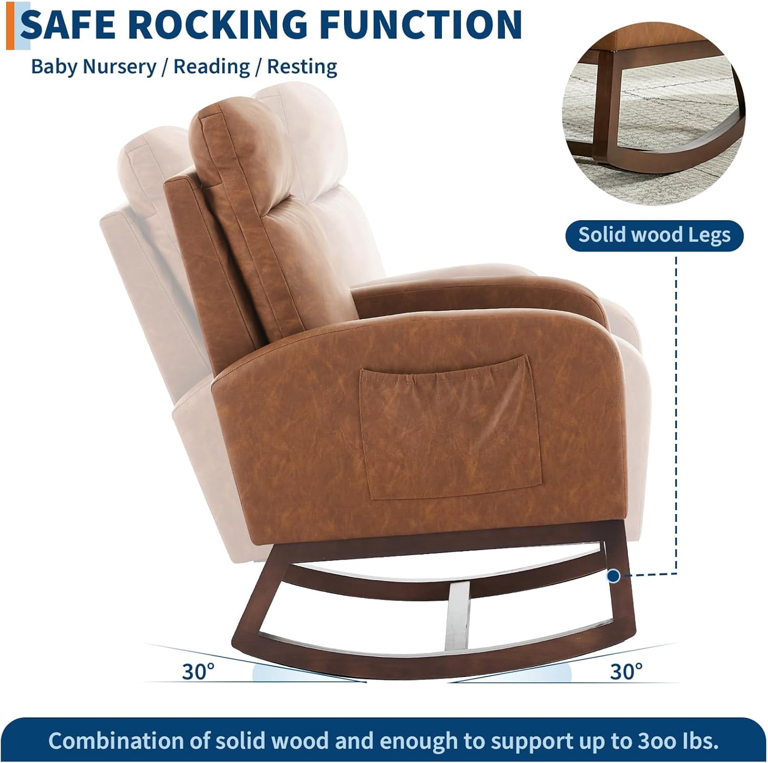 Rocking Chair Nursery Chair with Foot Rest, Nursery Rocking Chairs with Pocket，Baby Nursery Glider Rocker for Living Room
