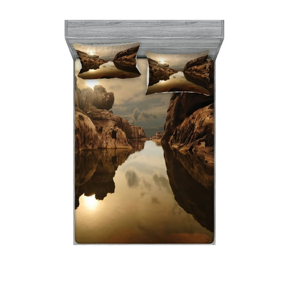Ambesonne Nature Fitted Sheet & Pillow Sham Set, Sunrise Rocks Sky Lake, Queen, Multicolor