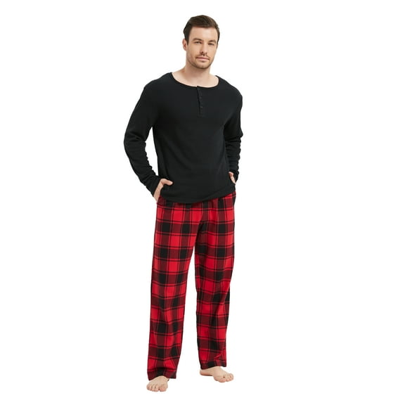 Kolipajam Men's 2Pcs Pajama Set Drawstring Waist Flannel Bottoms with Pockets Loungewear for Men L