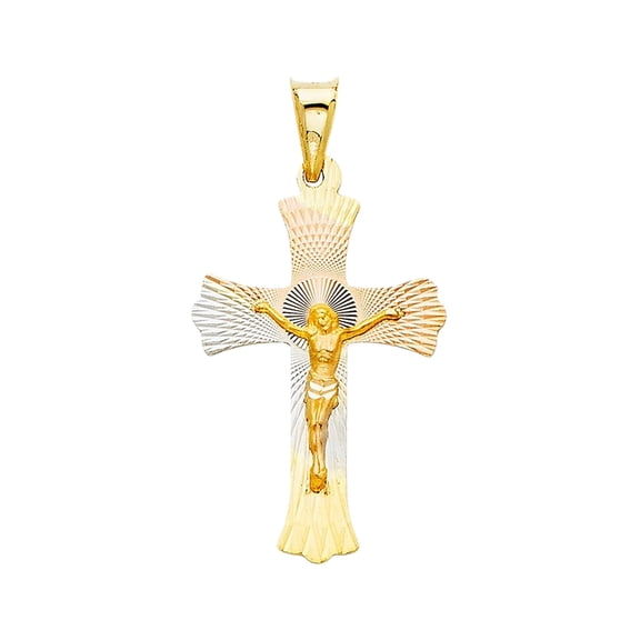 14K Tri Color Gold Diamond Cut Crucifix Jesus Cross Stamp Religious Charm Pendant for Necklace Chain | Gift for Men Women | 30 x 20 MM | 1.6 grams