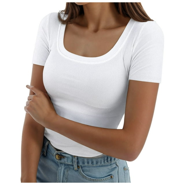 XDZJLR Womens T Shirt Summer Short Sleeve Square Neck Ribbed Slim Fitted Casual T Tops