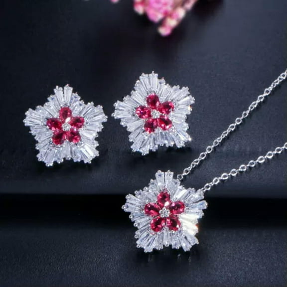 Fashion Silver Plated Blue Cubic Zirconia CZ Flower Pendant Necklace Earring Set